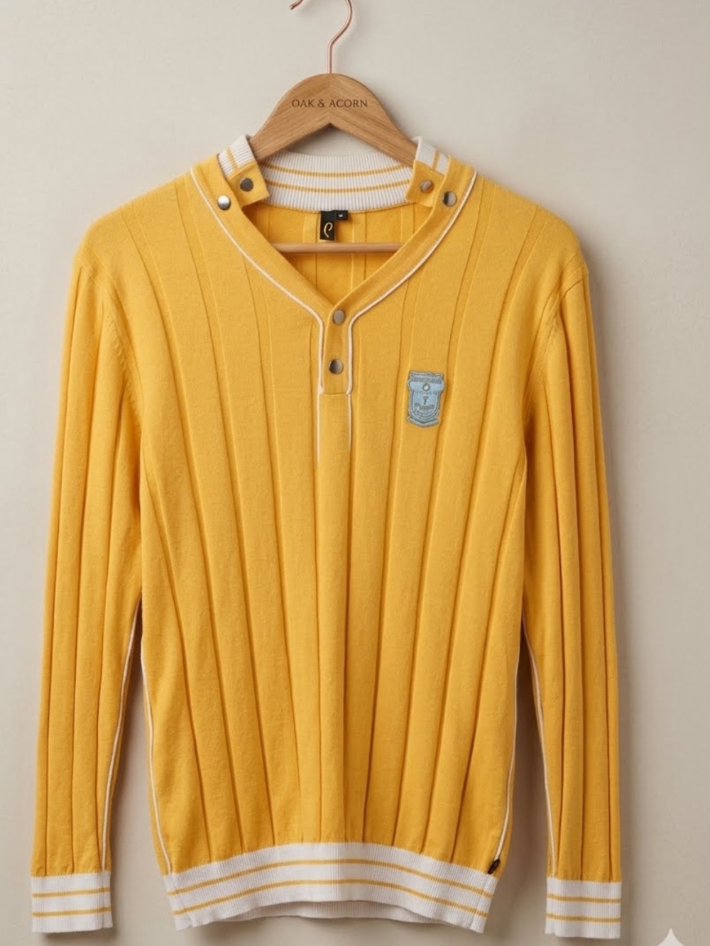 Vintage Men's Yellow Ribbed V-Neck Henley Sweater